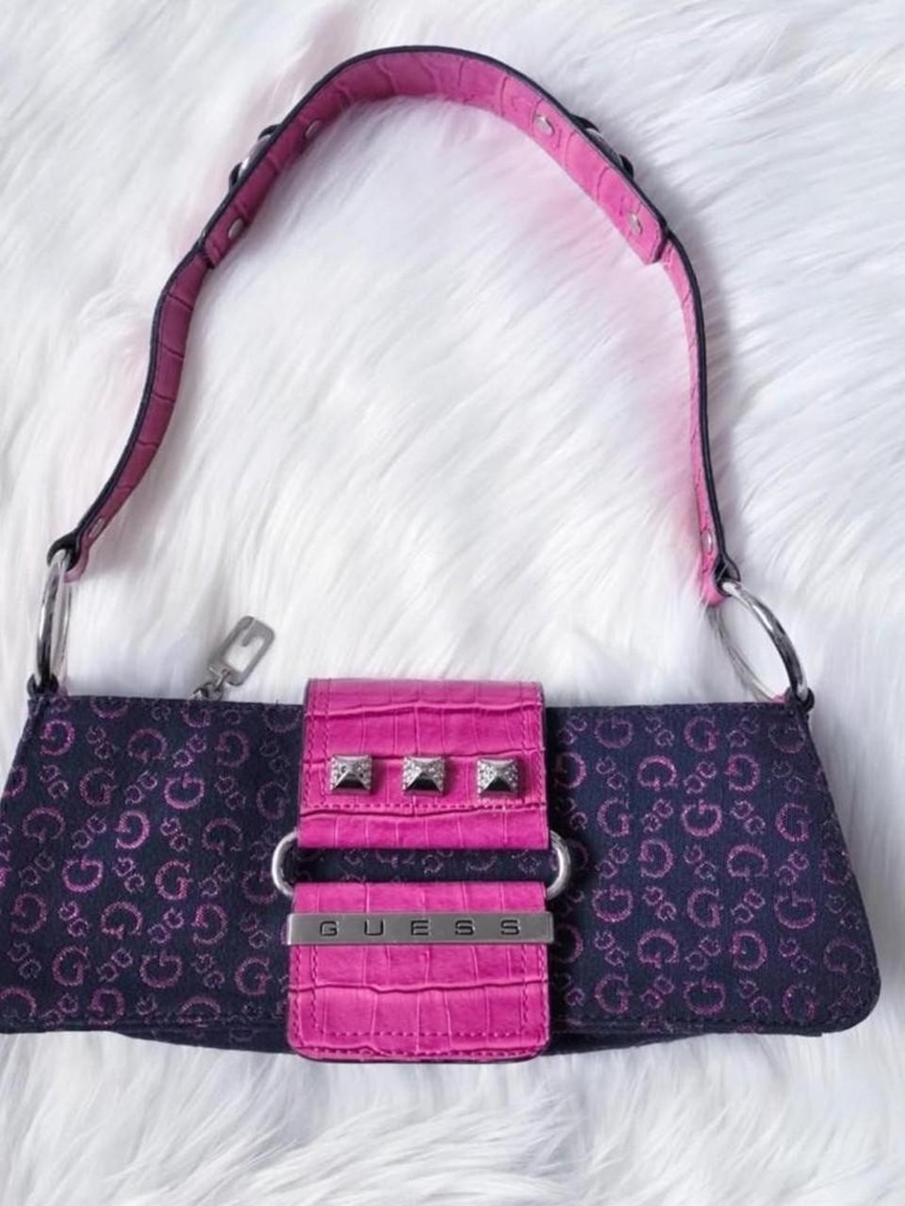 Vintage y2k pink Guess denim monogram mini baguette purse